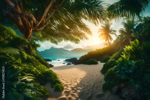 A paradisiacal beachside scene featuring vibrant greenery and sunlight  beautifully captured by an HD camera in stunning