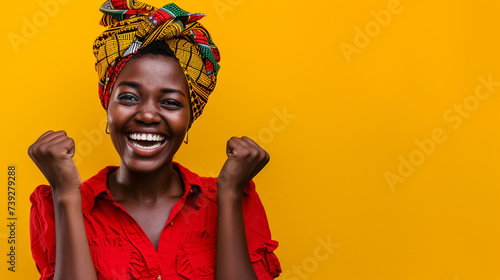 Joyful Central African Woman, Isolated on Solid Background - Copy Space Included photo
