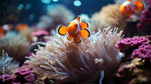 Close-up of a clownfish among anemones in a reef, vivid colors, focus on the symbiotic relationship and delicate marine life, Photorealistic, underwater wildlif