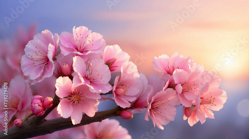 Sakura Cherry blossom flowers under sunrise pastel lights on the background