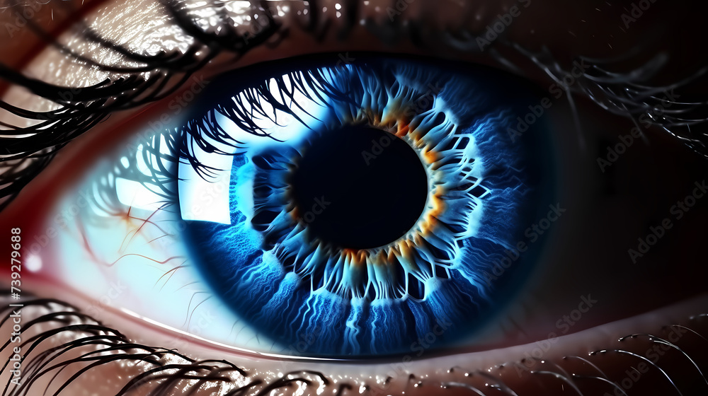 Human eye close-up, human eye close-up with virtual hologram elements