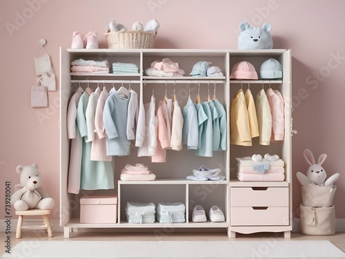 wardrobe with baby clothes, pastel colors © Эля Эля