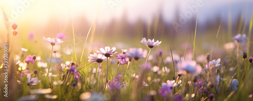 Field of wild flowers in summer in the morning warm light, generative AI