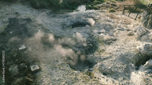 Larderello Fumaroles Enigmatic Infernal Landscape, Sasso Pisano Pomarance, Tuscany, Italy drone aerial view photo