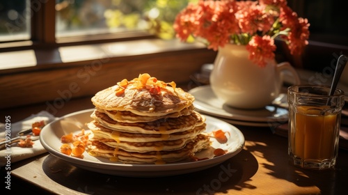 Cozy breakfast setup at home, pancakes and coffee on the table, morning light streaming in, capturing the comfort and enjoyment of a homemade breakfast, Photore photo