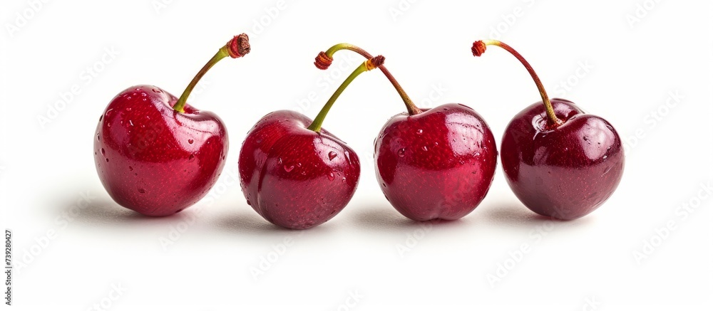 Macro shot of three fresh red cherries covered in water droplets Macro shot of three fresh red cherries covered in water droplets