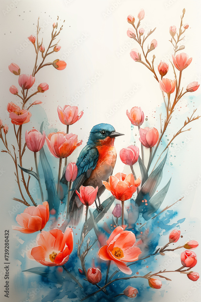 A watercolor painting featuring a bird sitting on top of vibrant flowers, surrounded by pink tulips, with ample copy space