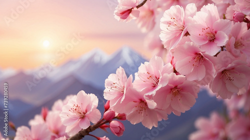 Sakura Cherry blossom flowers under sunrise pastel lights and snowy mountain on the background