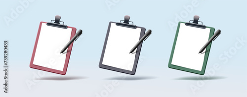 3d clipboard illustration set, with blank paper pined to it and pen next to it, 3 dark colors, isolated