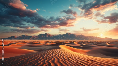 Expansive view of a desert landscape at sunset, sand dunes and dramatic sky, conveying the serene and stark beauty of arid environments, Photorealistic, desert #739280697