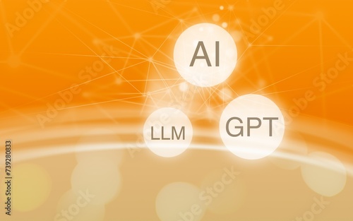 lighten bubbles with AI, LLM and GPT in front of a orange gradient background with waves and connections, generative pre-trained transformers, large language model, artificial intelligence