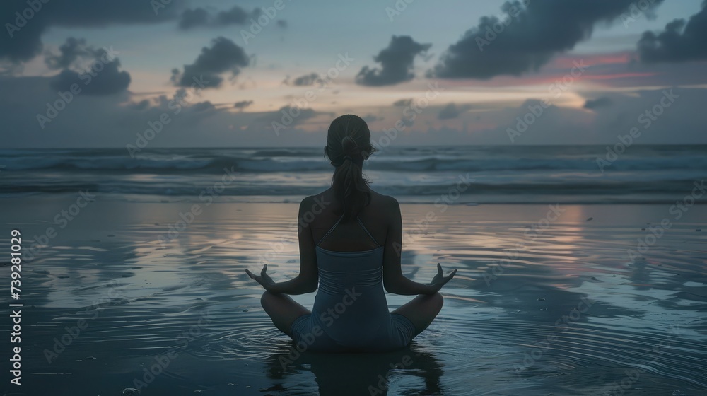 Caucasian woman practicing yoga at seashore Caucasian woman practicing yoga at seashore