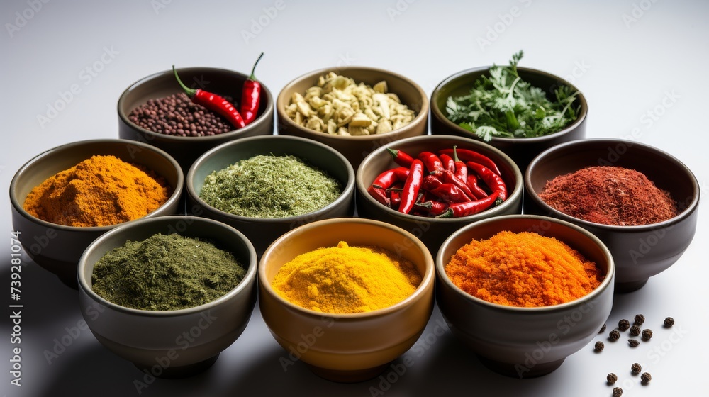A vibrant array of spices and herbs, including turmeric, paprika, and basil, displayed in small bowls against a white isolated background, showcasing their rich