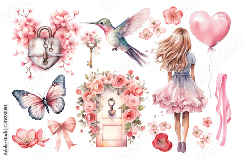 Watercolor bird, butterfly, woman and flowers Valentines day illustration