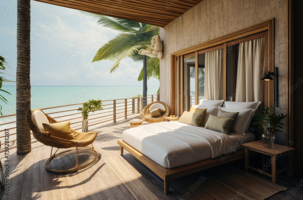 Fototapeta premium Tropical bungalow on the amazing beach with a palm tree