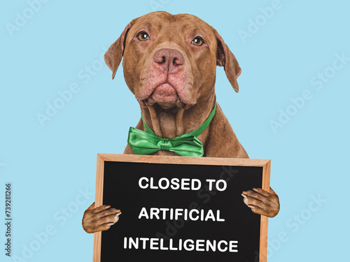 Cute dog and inscription about artificial intelligence. Close-up, indoors. Studio shot. Pets care concept