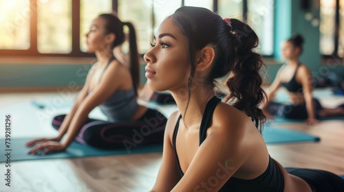 Cute Hispanic women practicing the cobra pose during their yoga class in a gym