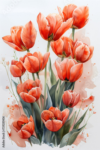 A watercolor painting of bright orange tulips on a clean white background, perfect for a postcard with copy space #739281406