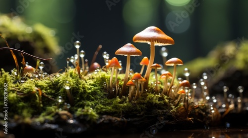 Detailed image of moss and tiny mushrooms on a forest floor, rich textures and colors, evoking the lushness and diversity of forest ecosystems, Photorealistic,