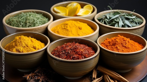 A vibrant array of spices and herbs  including turmeric  paprika  and basil  displayed in small bowls against a white isolated background  showcasing their rich