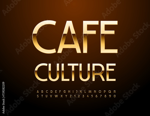 Vector stylish emblem Cafe Culture. Elegant Gold Font. Chic set of Alphabet Letters and Numbers