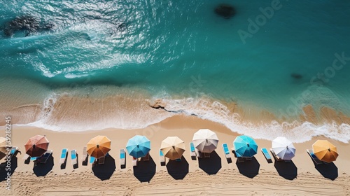 Aerial view of a serene beach with clear turquoise water, white sand, colorful beach umbrellas, and empty lounge chairs, capturing the idyllic and peaceful beac photo