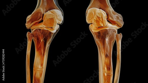 Osteoarthritis (OA) knee . film x-ray AP ( anterior - posterior ) and lateral view of knee show narrow joint space, osteophyte ( spur ), subchondral sclerosis, knee joint inflammation photo