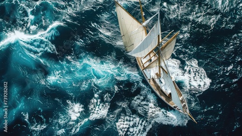 Sailing ship yachts with white sails at opened sea. Aerial - drone view to sailboat in windy condition.