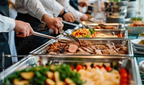 People hands on catering buffet food with grilled food.