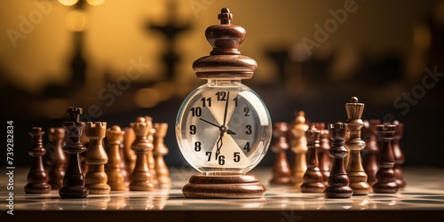 Chess composition with chess pieces and clock on the chessboard. photo