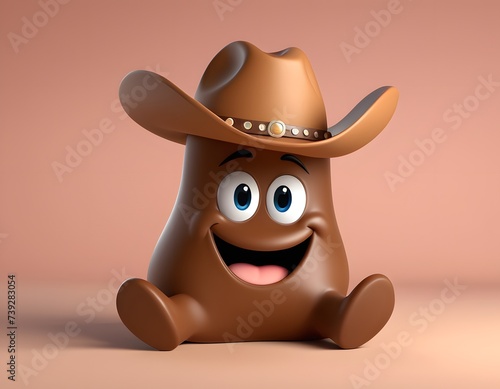In this cartoon, an animal figure is wearing a cowboy hat and smiling. The toy character looks happy with the headgear costume hat on its snout, making a cheerful gesture photo