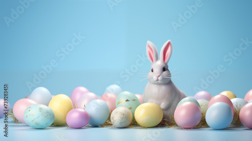  A vibrant arrangement of Easter bunny ears surrounded by pastel-colored eggs on a soft sky backdrop, inviting festive joy