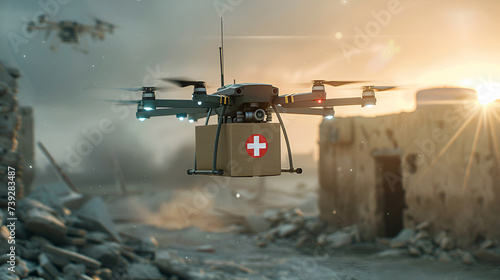 Medical aid drone embarks on sunrise mission in war-affected village. photo