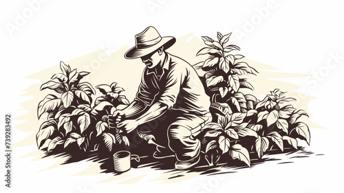 Abstract coffee plant with a farmer's silhouette  representing coffee cultivation. simple Vector art photo