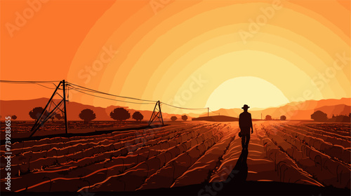 Abstract irrigation system with a farmer's silhouette  representing efficient water management. simple Vector art