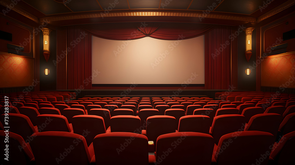 Fototapeta premium Empty Cinema Hall, Blank Screen, Dim Lights.