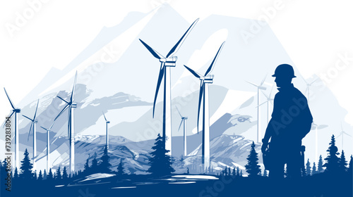 Abstract wind turbine with civil engineer's silhouette  symbolizing renewable energy projects. simple Vector art