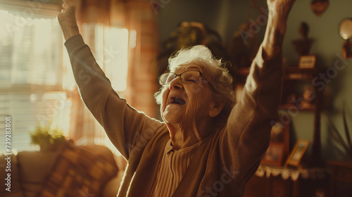 Waist-up shot of happy elderly woman with hands in the air, joyful expression © Delques