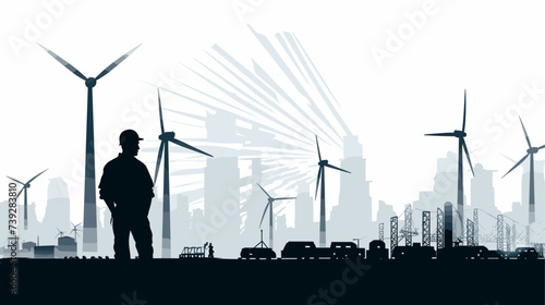 Abstract wind turbine with civil engineer's silhouette  symbolizing renewable energy projects. simple Vector art
