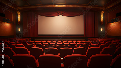 Empty Cinema Hall, Blank Screen, Dim Lights.