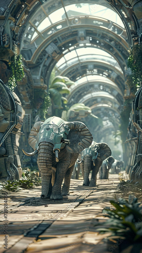 Obraz premium A futuristic 3D representation of elephants wearing safety helmets as they roam around a digital zoo