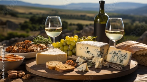 Assortment of artisanal cheeses and bread on a rustic wooden table, wine bottles and vineyard landscape in the distance, capturing the essence of culinary tours © ProVector