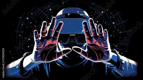 Abstract software engineer's hands with a VR headset  representing virtual reality software. simple Vector art