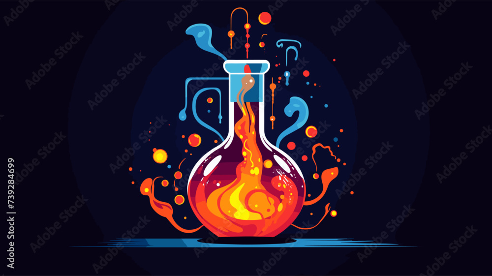 Abstract laboratory flask with a flame  representing combustion and heat experiments. simple Vector art - obrazy, fototapety, plakaty 