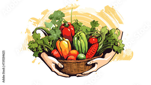 Abstract farmer's hands holding a basket of vegetables  symbolizing harvest. simple Vector art