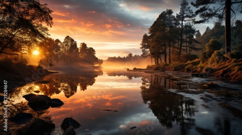 Early morning river scene, trees and sunrise sky reflected on the still water, conveying the peacefulness and symmetry in nature, Photorealistic, river reflecti