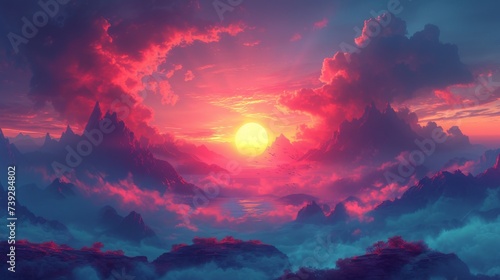 fantasy scene depicting silhouettes of mythical creatures on the horizon of misty mountains, with the rising sun creating a backdrop of vibrant colors and magic