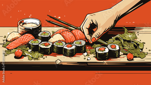 Abstract chef's hands arranging sushi  representing sushi craftsmanship. simple Vector art