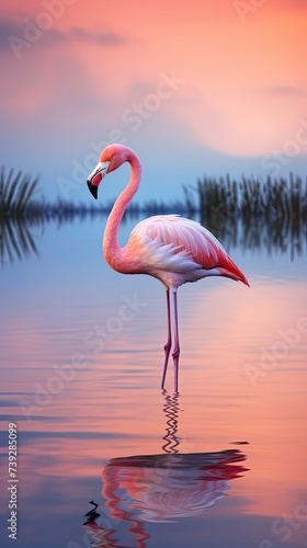 A pink flamingo standing in a body of water