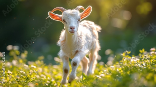 cute male goat with horns running across a green field photo